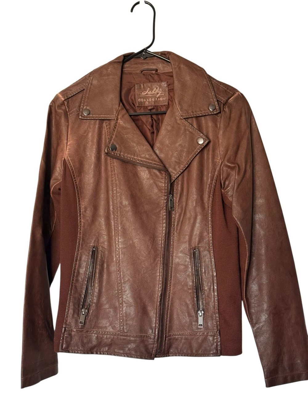Sebby Collection Brown Faux Leather Mixed Media Moto Jacket Size Small -Like New